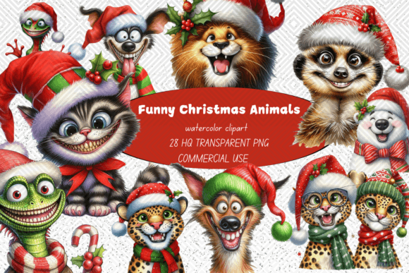 28 Funny Christmas Animals PNG Clipart B for Illustrations