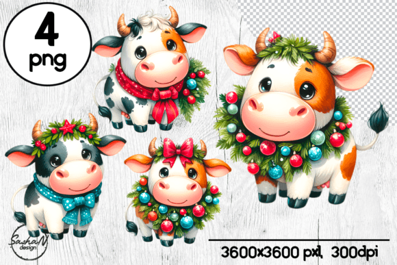 Cartoon Christmas Cow Clipart for Seasonal Illustrations