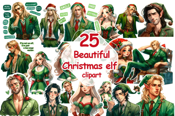 Funny Christmas Elves Clipart Sticker & Illustrations