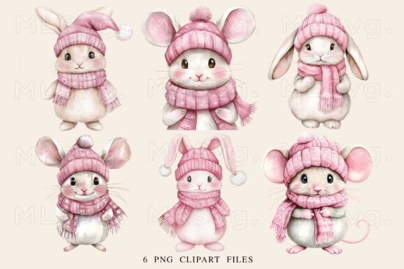 Pink Christmas Animals PNG Bundle for Modern Illustrations