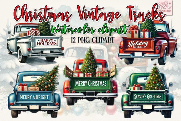 Watercolor Christmas Vintage Trucks PNG