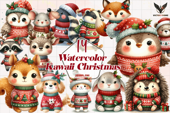 Watercolor Kawaii Christmas Clipart PNG Review for Illustrations