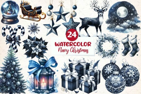 Watercolor Navy Christmas Clipart: Premium Illustrations for Handmade Businesses